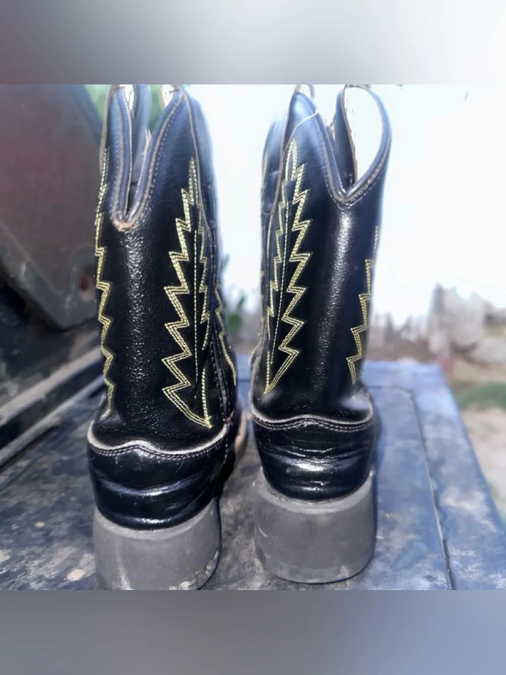 Kids Two-Tone Brown and Black Western Pull-On Cowboy Boots with Yellow Stitching